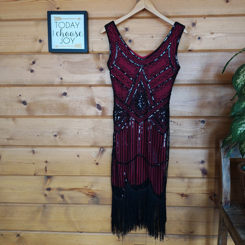 Fundaisy Gatsby Flapper Fringe Dress Red Black Sequin Beaded Whimsigoth Size XS